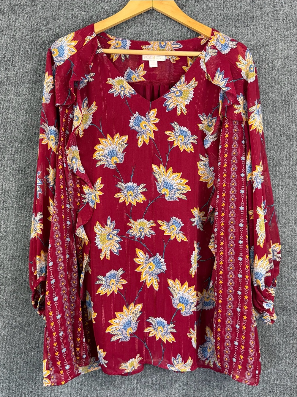 Belle by Kim Gravel Burgundy Floral Ruffle V-Neck Blouse